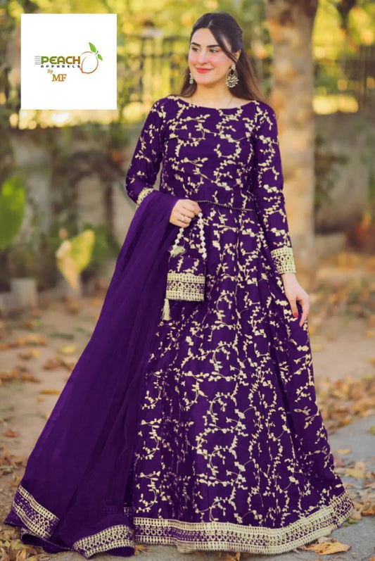 Exquisite 4 Pcs Embroidered Katan Silk Lehenga Choli Set in Purple